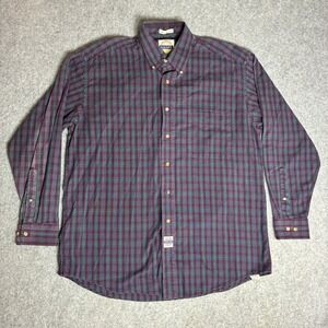 Savane Mens Large Plaid Button Down Shirt Burgundy Green Cotton Wrinkle Free